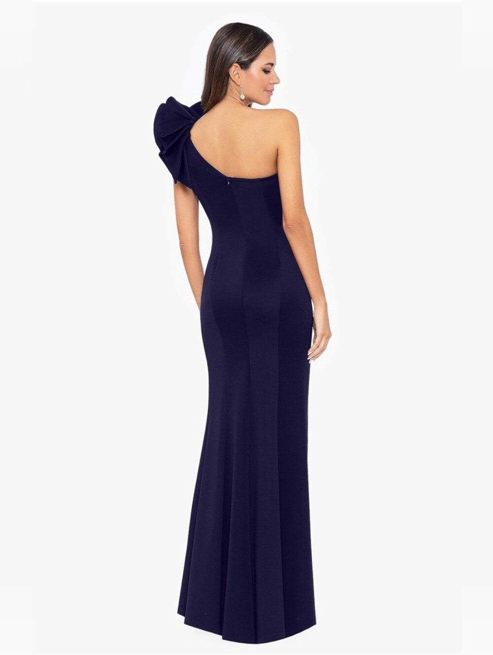 Betsy & Adam One-Shoulder Navy Gown with Statement Bow